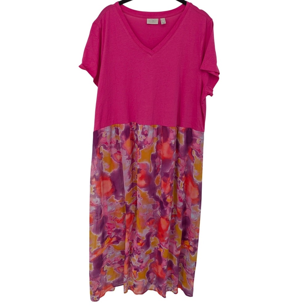 LOGO‎ Lori Goldstein Maxi Dress Womens Large Pink Abstract Mixed Media V-Neck